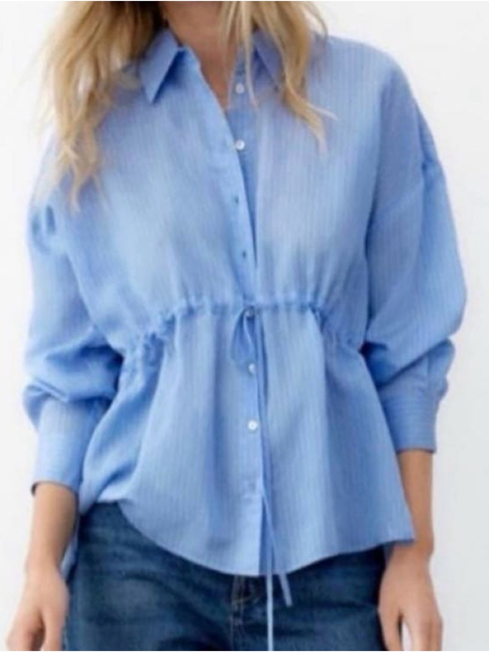 Zara Blue Drawstring Waist Button-Front sheer blouse